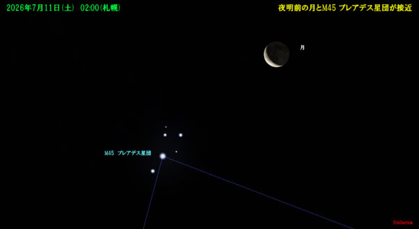 夜明前の月とM45 プレアデス星団が接近